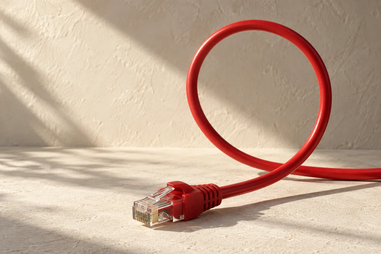 Sculptural red network cable with a transparent connector on a warm studio background