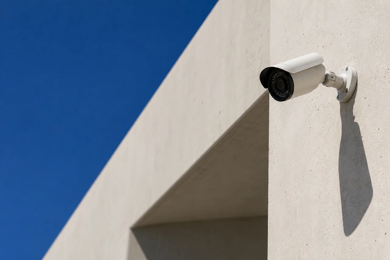 White security camera on a sunlit architectural wall against blue sky