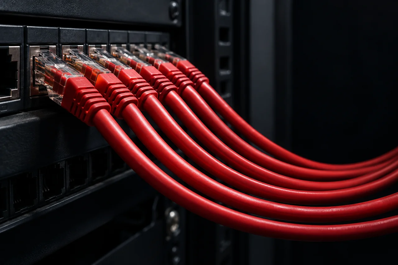Precision-arranged red network patch leads in a dark cabinet