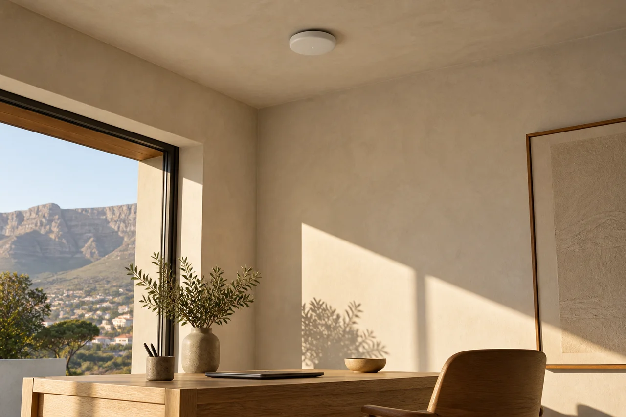 Sunlit home office with a discreet ceiling-mounted Wi-Fi access point